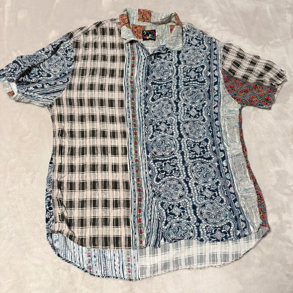 Jams World Vintage Patchwork Button Down Shirt Mens Blue‎ Size L Rayon Boho